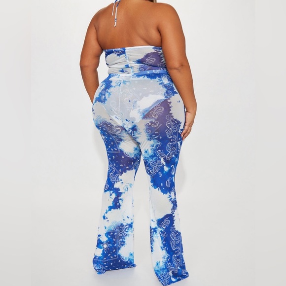 BRAND NEW WHITE/BLUE PAISLEY PRINT FLARE LEG LEGGINGS SET - Picture 3 of 6